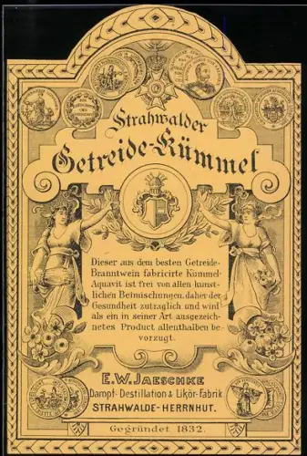 Getränkeetikett E. W. Jaeschke, Strahwalde-Herrnhut, Strahwalder Getreide-Kümmel, Zwei Damen mit Wappen