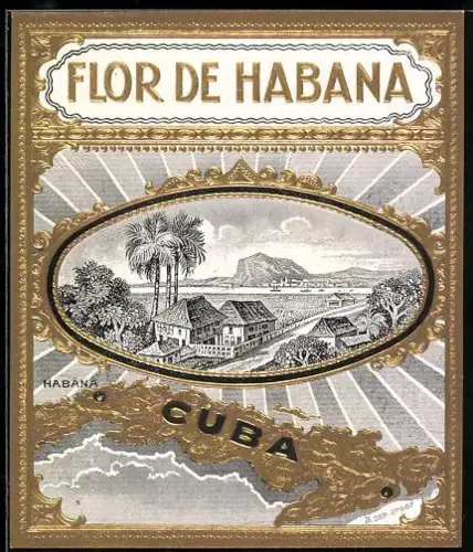 Getränkeetikett Flor de Habana, Ländliche Ansicht, Karte von Cuba