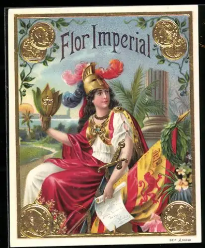 Sammelbild Flor Imperial Zigaretten, Dame mit Helm, Schwert und spanischer Flagge