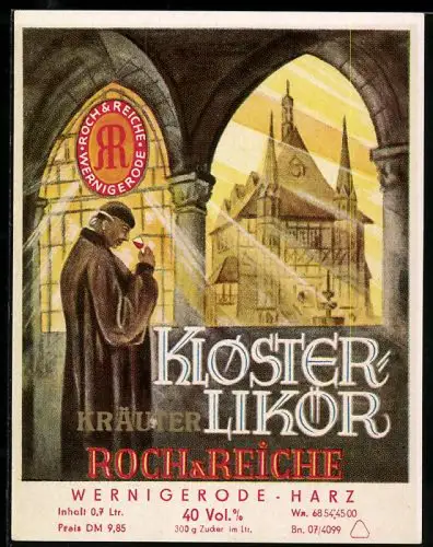 Getränkeetikett Roch & Reiche, Wernigerode, Kloster Kräuter-Likör, Mönch mit Glas