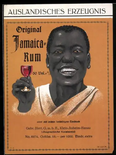 Getränkeetikett Gebr. Illert GmbH, Original Jamaica-Rum, Lächelnder Mann mit Glas