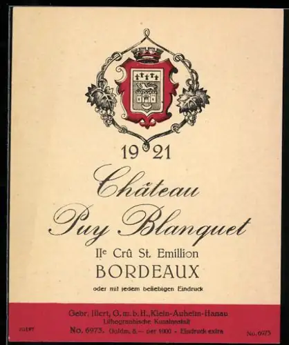 Getränkeetikett Gebr. Illert GmbH, Bordeaux Chateau Puy Blanquet, Wappen