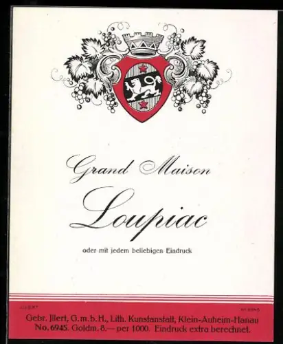 Getränkeetikett Gebr. Illert, Grand Maison Loupiac, Wappen mit Weintrauben