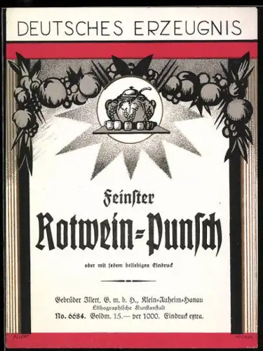 Getränkeetikett Gebrüder Illert, Feinster Rotwein-Punsch, Bowle mit Kelle