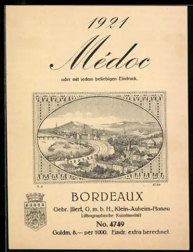 Getränkeetikett Gebr. Illert GmbH, Bordeaux Medoc 1921, Ortsansicht und Wappen