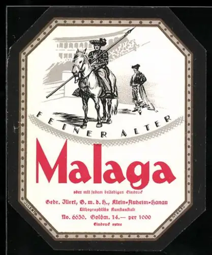 Getränkeetikett Gebr. Illert GmbH, Feiner alter Malaga, Reiter mit Lanze