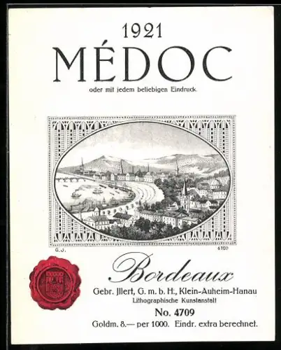 Getränkeetikett Gebr. Illert GmbH, Bordeaux Médoc 1921, Wappen auf Siegel