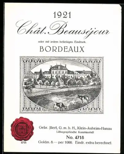 Getränkeetikett Gebr. Illert GmbH, Chat. Beauséjour Bordeaux 1921, Kühe auf einem Feld
