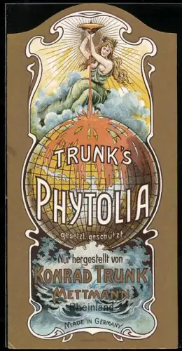Getränkeetikett Konrad Trunk, Trunk`s Phytolia, Dame giesst Getränk auf den Erdball