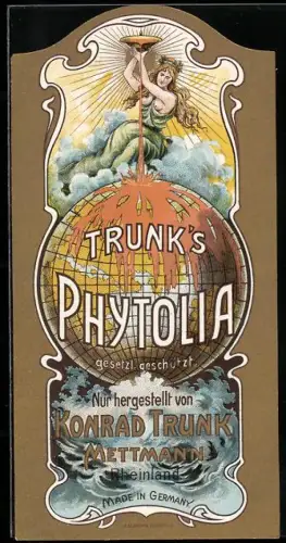 Getränkeetikett Konrad Trunk, Trunk`s Phytolia, Frau giesst Getränk auf den Erdball