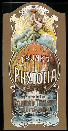 Getränkeetikett Konrad Trunk, Trunk`s Phytolia, Frau giesst Getränk auf den Erdball, stürmische See