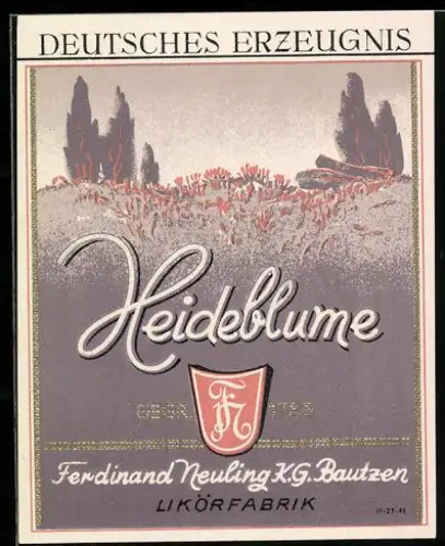 Getränkeetikett Ferdinand Neuling KG, Bautzen, Heideblume Likör, Wappen mit Monogram