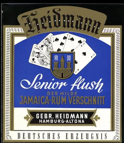 Getränkeetikett Gebr. Heidmann, Hamburg-Altona, Senior flush Jamaica-Rum Verschnitt