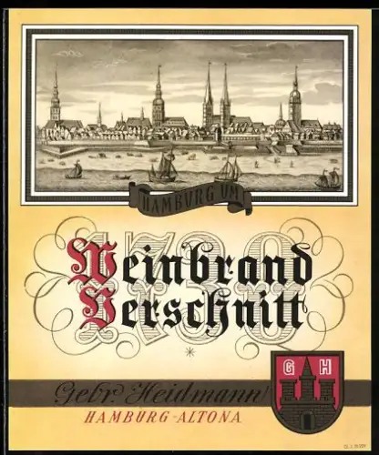 Getränkeetikett Gebr. Heidmann, Hamburg-Altona, Weinbrand Verschnitt, Ortsansicht
