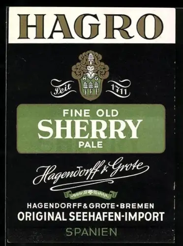 Getränkeetikett Hagendorff & Grote, Bremen, Fine Old Sherry, Pale, Hagro