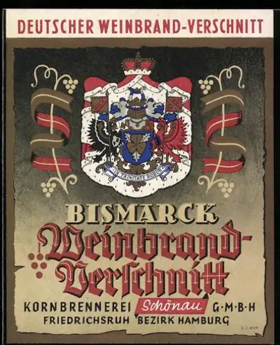 Getränkeetikett Kornbrennerei Schönau GmbH, Bismarck Weinbrand-Verschnitt, Wappen