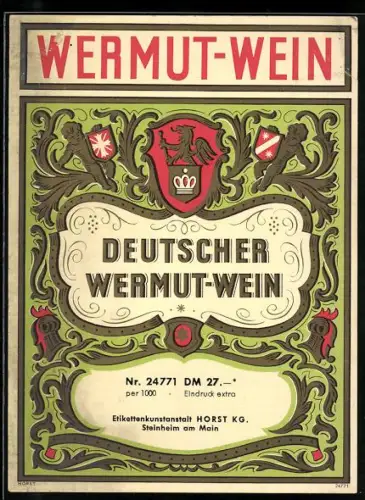 Getränkeetikett Deutscher Wermut-Wein, Wappen und Engel