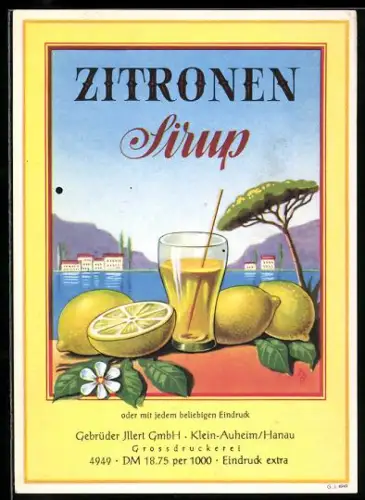 Getränkeetikett Gebrüder Illert, Zitronen-Sirup, Glas mit Sirup und aufgeschnittenen Zitronen