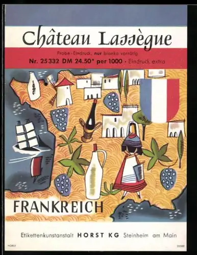 Getränkeetikett Chateau Lassegue Wein, Frankreich, Stilisierte Landkarte mit Weintrauben