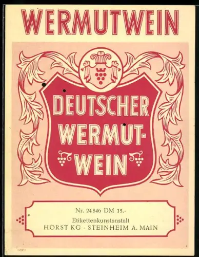 Getränkeetikett Wermutwein, Wappen mit Trauben und Blätterranken
