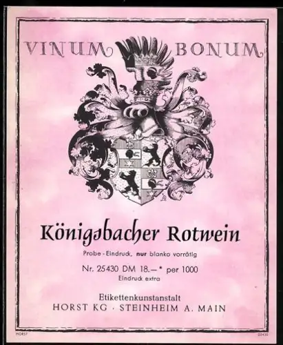 Getränkeetikett Königsbacher Rotwein, Detailliertes Wappen Vinum Bonum