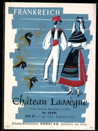 Getränkeetikett Chateau Lassegne Wein, Zwei Personen in Trachten