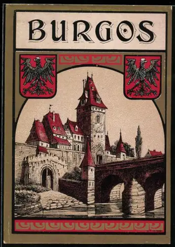 Getränkeetikett Burgos, Stadtansicht mit Brücke und Wappen