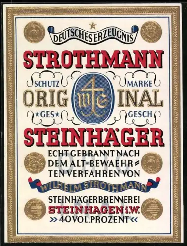 Getränkeetikett Wilhelm Strothmann, Steinhagen i. W., Original Steinhäger Brand, Wappen