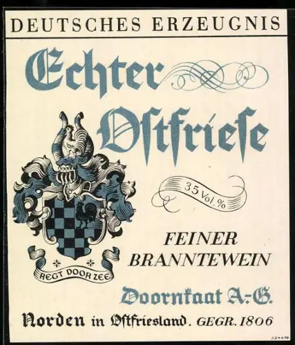 Getränkeetikett Doornsaat AG, Echter Ostfriese, Branntewein, Wappen