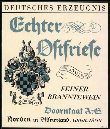Getränkeetikett Doornsaat AG, Echter Ostfriese, Branntewein, Wappen