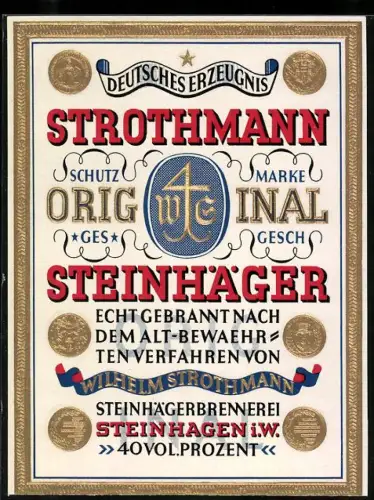 Getränkeetikett Wilhelm Strothmann, Steinhagen, Steinhäger Branntwein