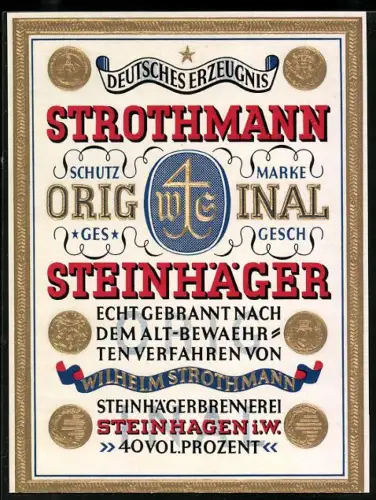 Getränkeetikett Wilhelm Strothmann, Steinhagen, Steinhäger Branntwein, Wappen mit Bannern