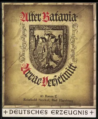 Getränkeetikett Reinhold Steckel, Bad Harzburg, Alter Bakavia Arrac-Verschnitt