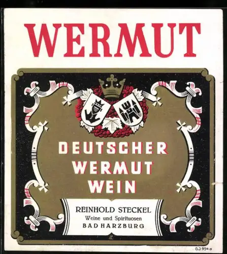 Getränkeetikett Reinhold Steckel, Bad Harzburg, Deutscher Wermut Wein