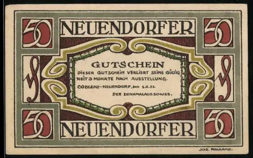Notgeld Coblenz-Neuendorf 1921, 50 Pfennig, Gedenkstein mit Inschrift und floralen Verzierungen