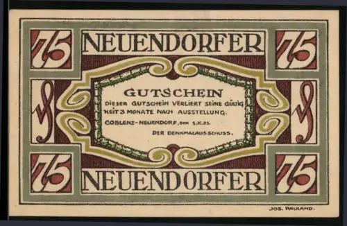 Notgeld Coblenz-Neuendorf 1921, 75 Pfennig, Historisches Tor und Reiter mit humorvollem Text