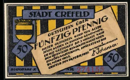Notgeld Crefeld 1921, 50 Pfennig, Streifenmuster mit Wappen und älterer Mann mit Pfeife