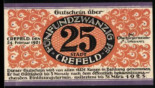 Notgeld Crefeld 1921, 25 Pfennig, Ortsansicht und dekoratives Muster
