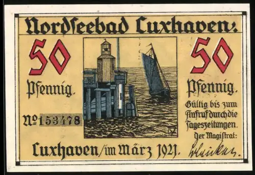 Notgeld Cuxhaven 1921, 50 Pfennig, Seemann und Hafeneinfahrt mit Leuchtturm