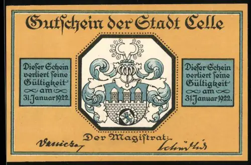 Notgeld Celle 1922, 100 Pfennig, Stadtwappen und historische Gebäudeillustration