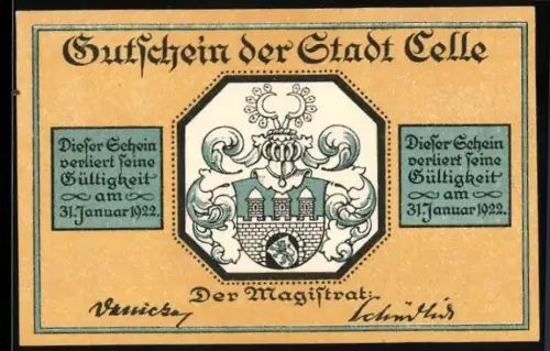 Notgeld Celle 1922, 75 Pfennig, Stadtwappen und öffentliche Gebäudeillustration