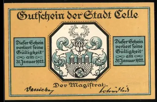 Notgeld Celle 1922, 50 Pfennig, Stadtwappen und historisches Gebäude
