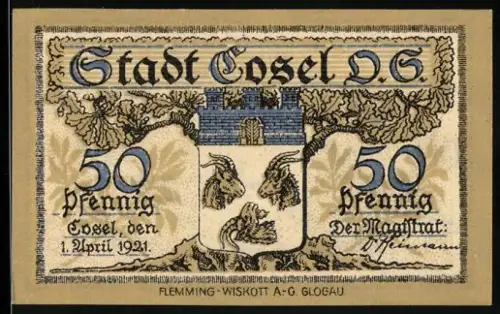 Notgeld Cosel /O.S. 1921, 50 Pfennig, Wappen und Industrielandschaft