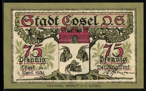 Notgeld Cosel /O.S. 1921, 75 Pfennig, Stadtwappen und Industrielandschaft