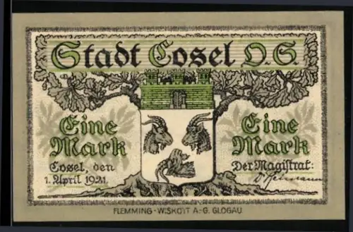 Notgeld Cosel /O.S. 1921, 1 Mark, Ziegenwappen und Industrielandschaft im Hintergrund
