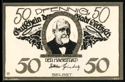 Notgeld Delitzsch 1921, 50 Pfennig, Porträt von Dr. Hermann Schulze-Delitzsch, Der Breite Turm