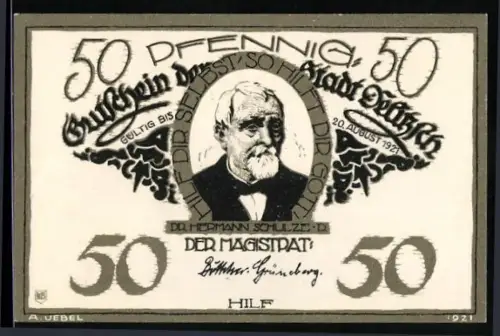 Notgeld Delitzsch 1921, 50 Pfennig, Porträt Dr. Hermann Schulze-Delitzsch und Schlossansicht