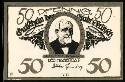 Notgeld Delitzsch 1921, 50 Pfennig, Portrait Dr. Hermann Schulze-Delitzsch und Hallischer Turm