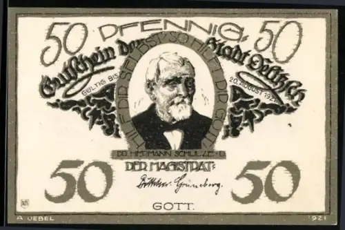 Notgeld Delitzsch 1921, 50 Pfennig, Porträt von Dr. Hermann Schulze-Delitzsch und historische Strassenszene an der Münze