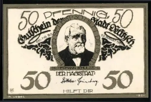 Notgeld Delitzsch 1921, 50 Pfennig, Portrait Dr. Hermann Schulze-Delitzsch, Partie in der Badergasse